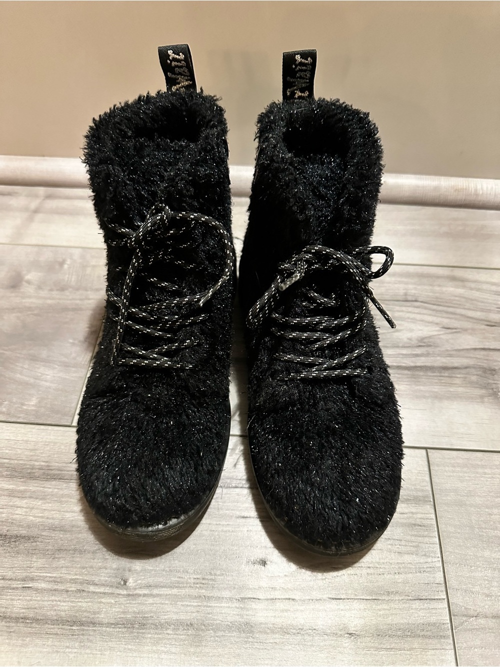 Dr. Martens Faux-Fur Tinsel Black Lace-Up Girl Boots